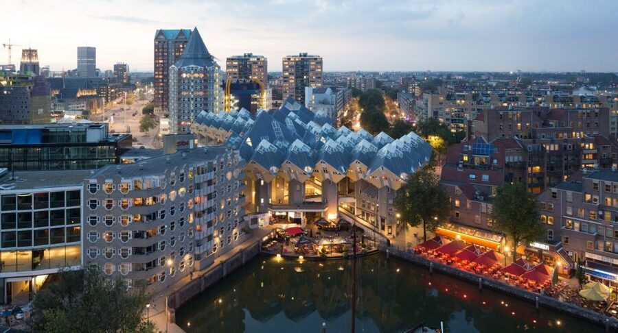 Rotterdam: De Rotterdam, Cube Houses, Watertaxi and Markthal - Crossing by water taxi, under Erasmus Bridge